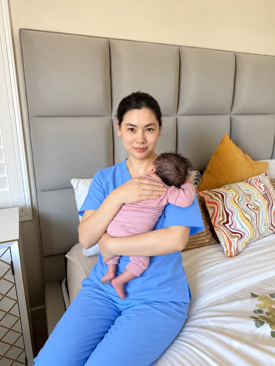 Ivy holding a newborn on a bed